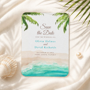 Aquarell-Strand und Palmenblätter Save-the-Date Magnet