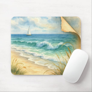 Aquarell Strand und Segelboot Mousepad