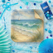 Aquarell Strand und Segelboot Pappteller (Party)