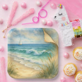Aquarell Strand und Segelboot Pappteller (Party)