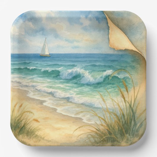 Aquarell Strand und Segelboot Pappteller (Vorderseite)