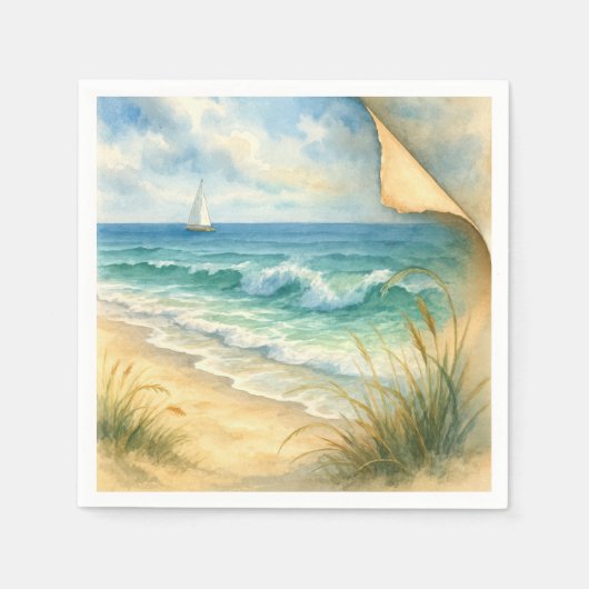 Aquarell Strand und Segelboot Serviette (Vorderseite)