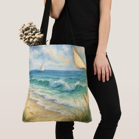 Aquarell Strand und Segelboot Tasche (Von Nahem)
