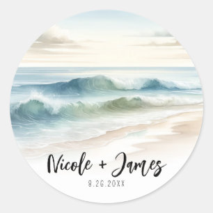 Aquarell Strand Wellen Rustikale Küstenhochzeit Runder Aufkleber