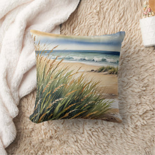 Aquarell Strandgras und Ozeanszene Kissen