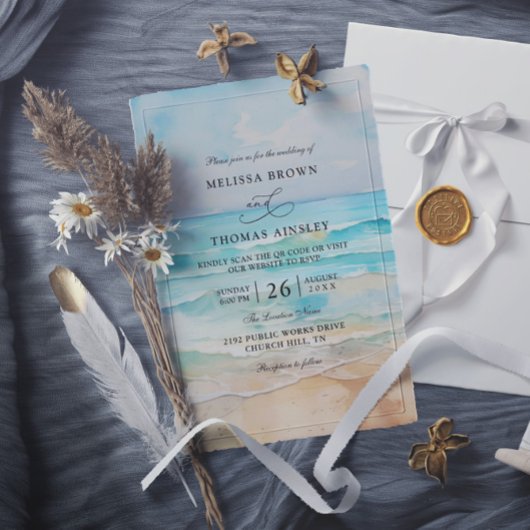 Aquarell-Strandhochzeit mit Budget-QR-Code Einladung