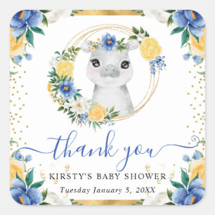 Aquarell Süße Dschungel Nilpferd Floral Baby Showe Quadratischer Aufkleber