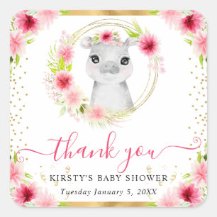 Aquarell Süße Dschungel Nilpferd Floral Baby Showe Quadratischer Aufkleber