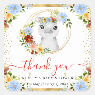 Aquarell Süße Dschungel Nilpferd Floral Baby Showe Quadratischer Aufkleber