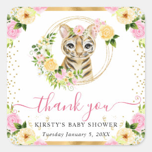 Aquarell Süße Dschungel Tiger Floral Baby Shower Quadratischer Aufkleber