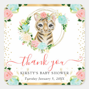 Aquarell Süße Dschungel Tiger Floral Baby Shower Quadratischer Aufkleber