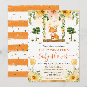 Aquarell Süße Florale Fuchs Baby Shower Einladung