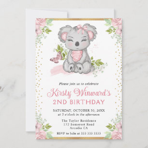 Aquarell Süße Florale Koala-Mädchen 2. Geburtstag Einladung