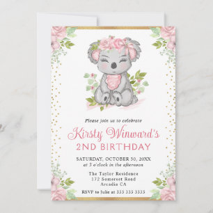 Aquarell Süße Florale Koala-Mädchen 2. Geburtstag Einladung