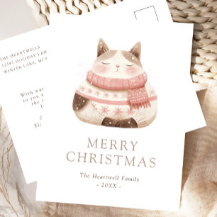 Aquarell Süße Gemütliche Rosa Katze Weihnachtspost Feiertagspostkarte