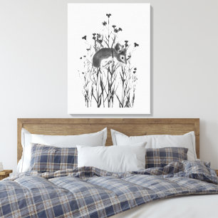 Aquarell Süße kleine Maus hängt an Blumen Leinwanddruck