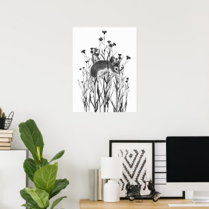 Aquarell Süße kleine Maus hängt an Blumen Poster