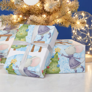 Aquarell Süße Maus schmückt Weihnachtsbaum Geschenkpapier