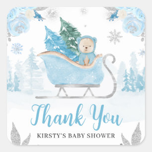 Aquarell Süßer Blauer Winter Bär Baby Shower Quadratischer Aufkleber