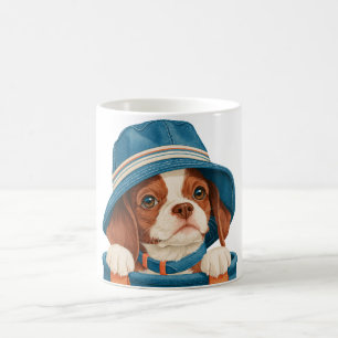 Aquarell Süßer Brauner Weißer Hund Blauer Hut Haus Kaffeetasse