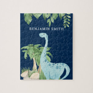 Aquarell Süßer Dinosaurier Blau Personalisierter N Puzzle