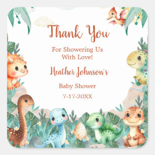 Aquarell Süßer Dinosaurier Junge Baby Shower Quadratischer Aufkleber
