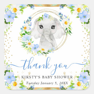 Aquarell Süßer Dschungel Elefant Floral Baby Showe Quadratischer Aufkleber