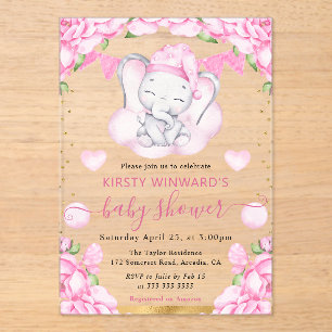 Aquarell Süßer Elefant & Rosa Rosen Baby Shower Acryleinladungen