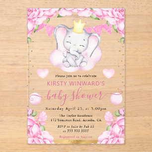 Aquarell Süßer Elefant & Rosa Rosen Baby Shower Acryleinladungen
