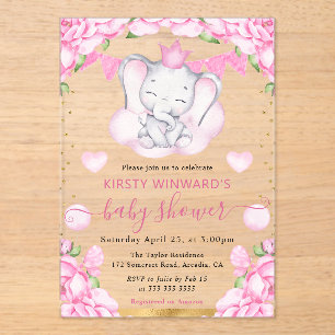 Aquarell Süßer Elefant & Rosa Rosen Baby Shower Acryleinladungen