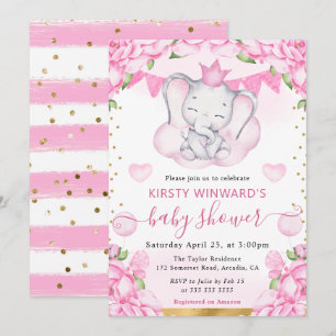 Aquarell Süßer Elefant & Rosa Rosen Baby Shower Einladung