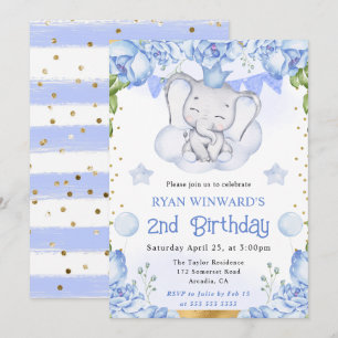 Aquarell Süßer Elefant und Blaue Rosen Geburtstag Einladung