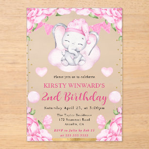 Aquarell Süßer Elefant und rosa Rosen Geburtstag Acryleinladungen