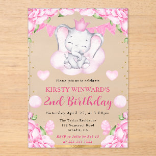 Aquarell Süßer Elefant und rosa Rosen Geburtstag Acryleinladungen
