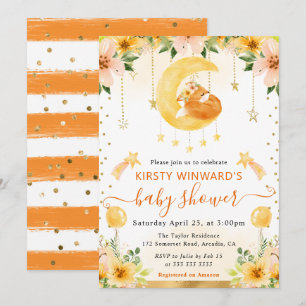 Aquarell Süßer Floraler Fuchs auf Mond Baby Shower Einladung
