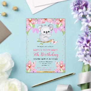 Aquarell Süßer Koala & Tropische Blumen Geburtstag Acryleinladungen