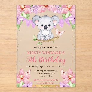 Aquarell Süßer Koala & Tropische Blumen Geburtstag Acryleinladungen