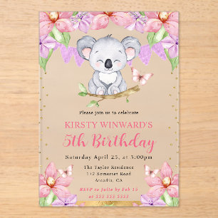 Aquarell Süßer Koala & Tropische Blumen Geburtstag Acryleinladungen