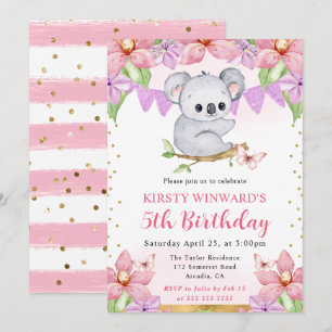 Aquarell Süßer Koala & Tropische Blumen Geburtstag Einladung