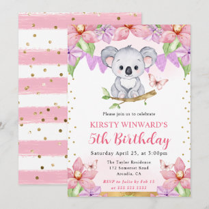 Aquarell Süßer Koala & Tropische Blumen Geburtstag Einladung