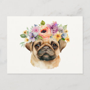 Aquarell Süßer Mops-Welpe mit Blumenkranz Postkarte