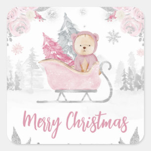 Aquarell Süßer Rosa Winter Bär Blumen Weihnachten Quadratischer Aufkleber