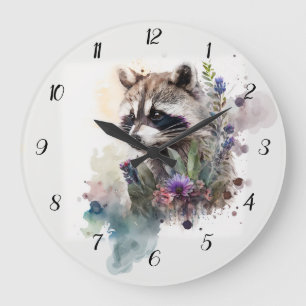 Aquarell Süßer Waschbär Frühlingsblumen Große Wanduhr
