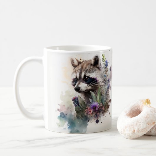 Aquarell Süßer Waschbär Frühlingsblumen Kaffeetasse (Mit Donut)