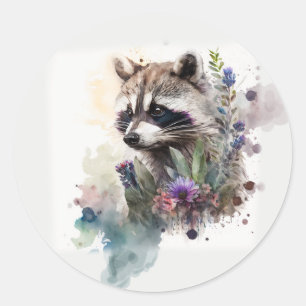 Aquarell Süßer Waschbär Frühlingsblumen Runder Aufkleber