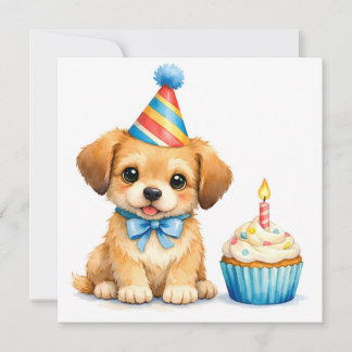 Aquarell Süßer Welpe mit Geburtstagscupcake Karte