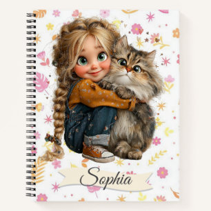Aquarell Süßes Eigenartiges Mädchen mit einer Katz Notizblock