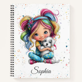 Aquarell Süßes Eigenartiges Mädchen mit Welpe Notizblock