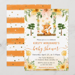 Aquarell Süßes Florales Fuchs-Baby-Shower Einladung