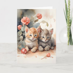 Aquarell-Tabby-Kätzchen kuscheln sich an Blumen Bl Karte